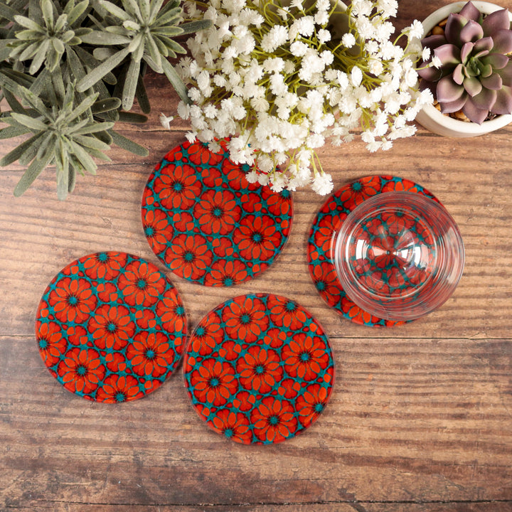 "Red Poppy" - Moroccan Flower - Glass Coaster Set
