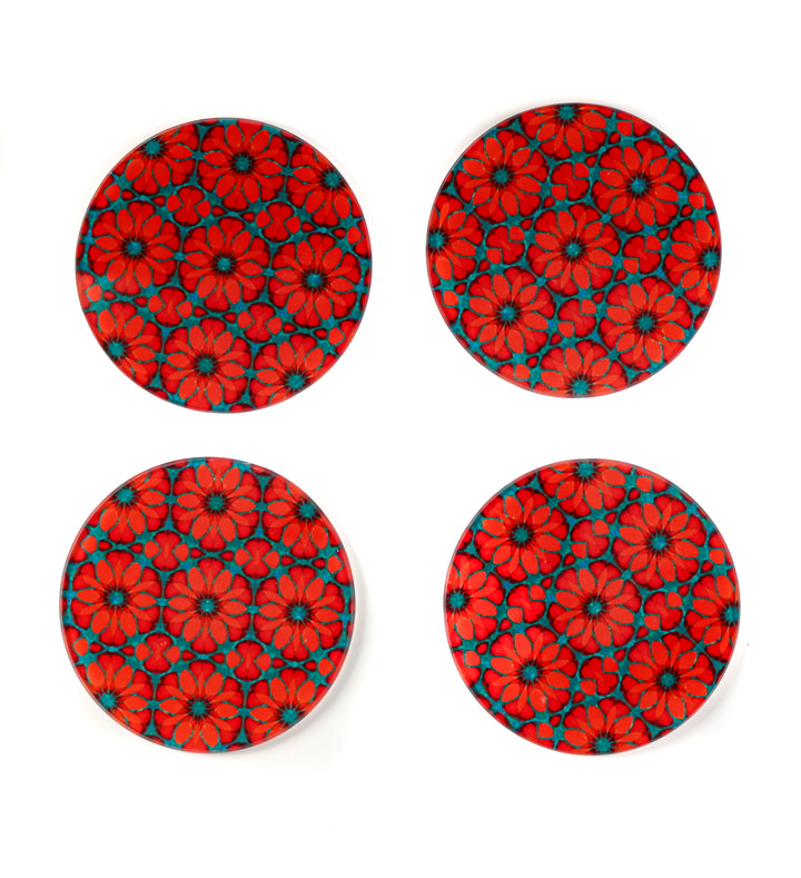"Red Poppy" - Moroccan Flower - Glass Coaster Set