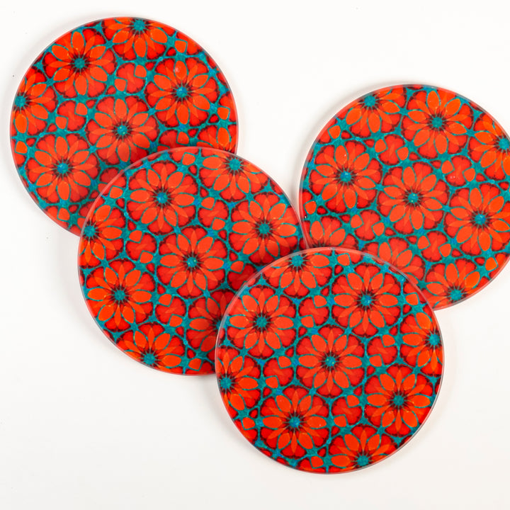 "Red Poppy" - Moroccan Flower - Glass Coaster Set