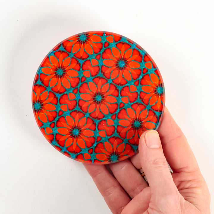 "Red Poppy" - Moroccan Flower - Glass Coaster Set