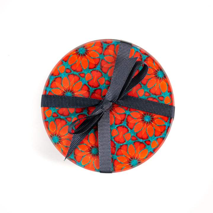 "Red Poppy" - Moroccan Flower - Glass Coaster Set
