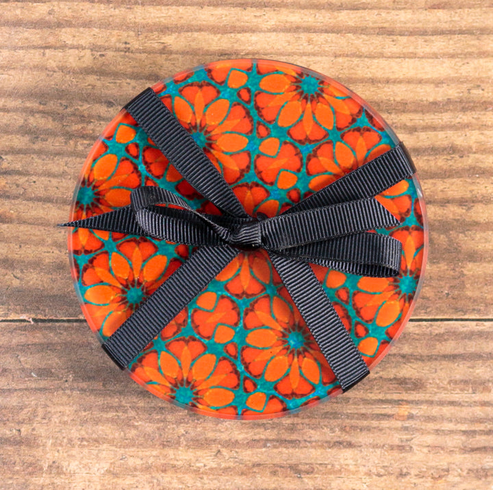 "Red Poppy" - Moroccan Flower - Glass Coaster Set