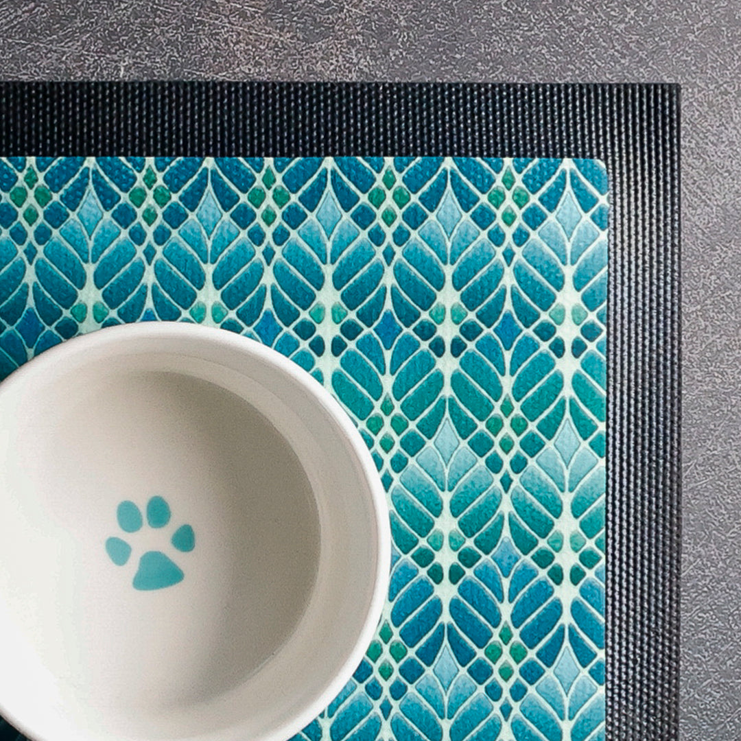 Interwoven Trees Pet Food Placemat - Blues &amp; Turquoises