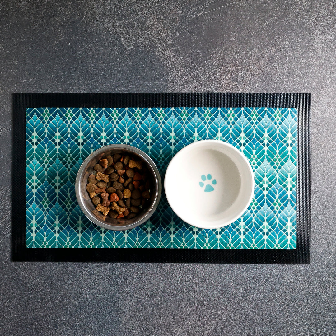 Interwoven Trees Pet Food Placemat - Blues &amp; Turquoises