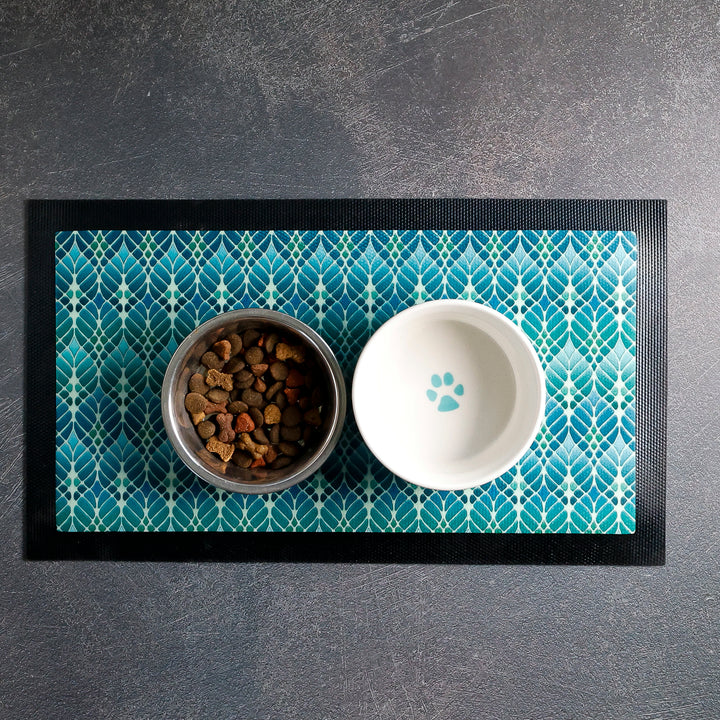 Interwoven Trees Pet Food Placemat - Blues &amp; Turquoises
