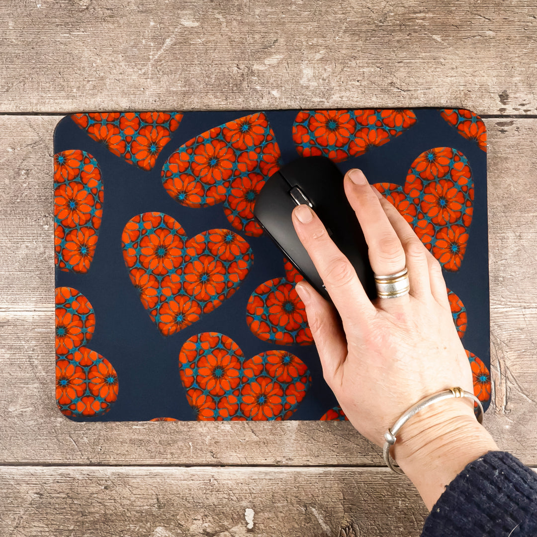 Moroccan Flower Hearts Mat / Gaming Mat - Red Blue