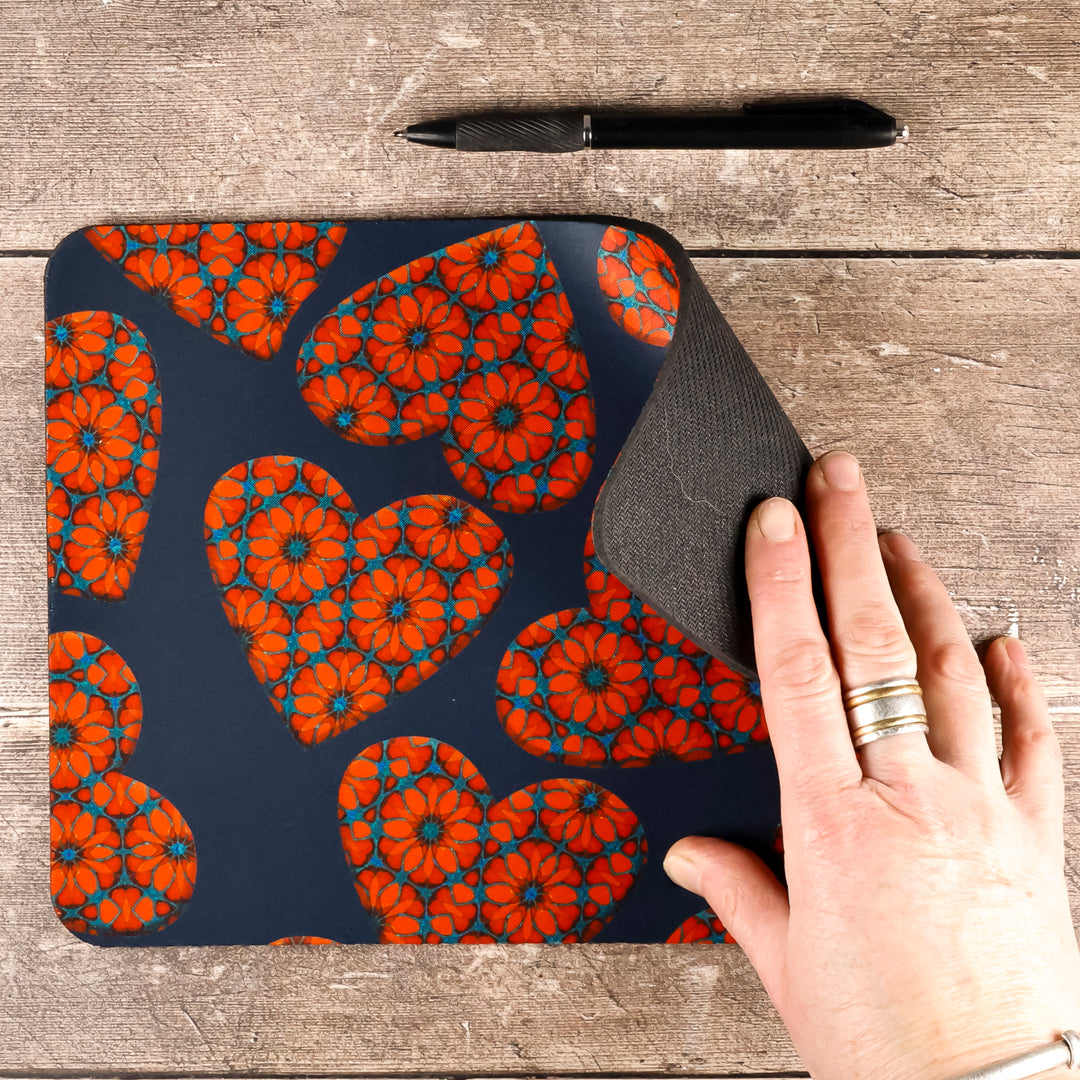 Moroccan Flower Hearts Mat / Gaming Mat - Red Blue