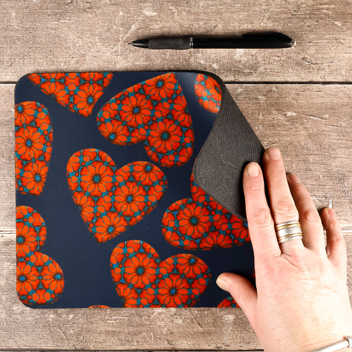 Moroccan Flower Hearts Mat / Gaming Mat - Red Blue