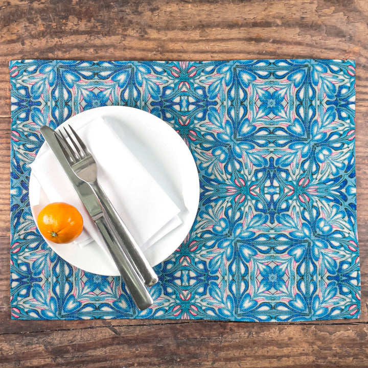 Flourishing Garden Fabric Placemat - Blue Pink colourway