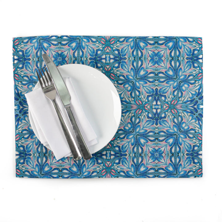 Flourishing Garden Fabric Placemat - Blue Pink colourway