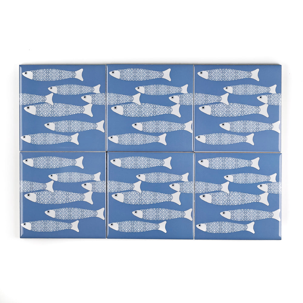 SALE SET of 6x 10cm Fired Ink tiles - Sky Blue Border Ocean Shoal