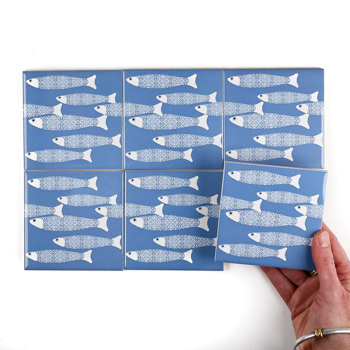 SALE SET of 6x 10cm Fired Ink tiles - Sky Blue Border Ocean Shoal