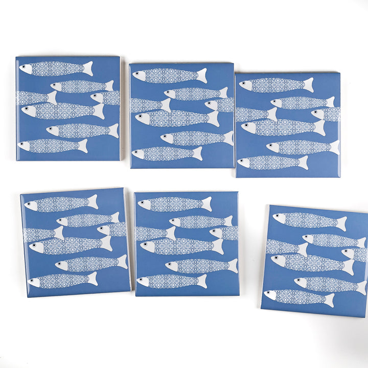 SALE SET of 6x 10cm Fired Ink tiles - Sky Blue Border Ocean Shoal
