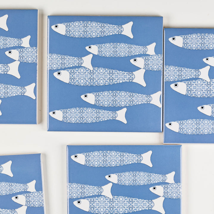 SALE SET of 6x 10cm Fired Ink tiles - Sky Blue Border Ocean Shoal