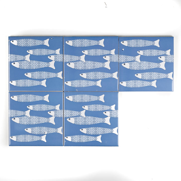 SALE SECONDS SET of 5x 10cm Fired Ink tiles - Sky Blue Border Ocean Shoal