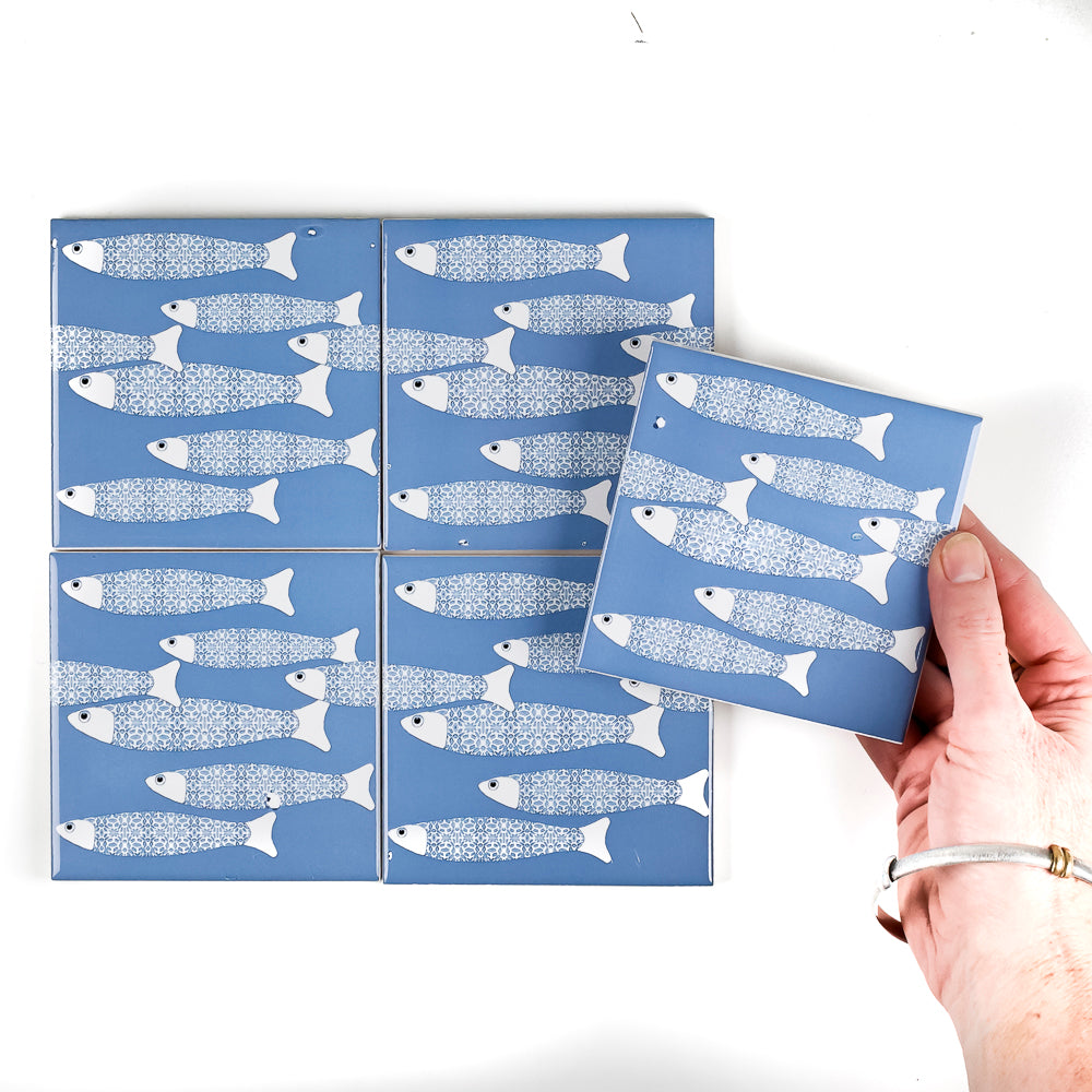 SALE SECONDS SET of 5x 10cm Fired Ink tiles - Sky Blue Border Ocean Shoal