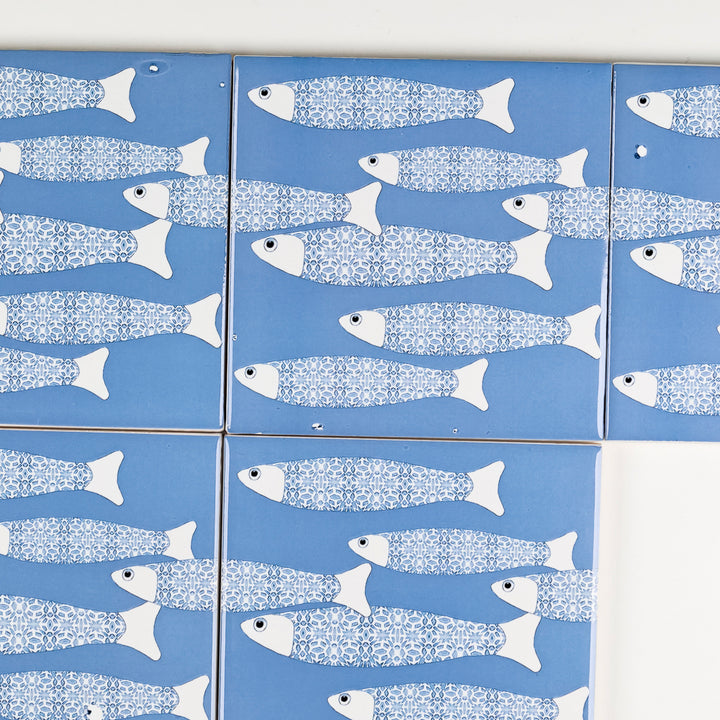SALE SECONDS SET of 5x 10cm Fired Ink tiles - Sky Blue Border Ocean Shoal