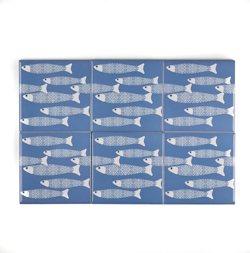 SALE SET of 6x 10cm Fired Ink tiles - Sky Blue Border Ocean Shoal