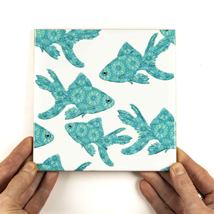 Goldfish Tile - Turquoise on White