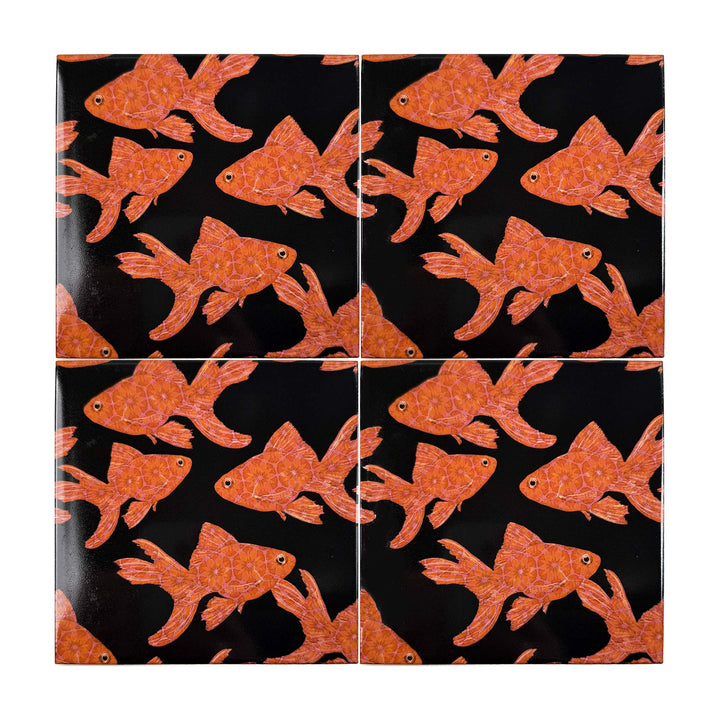 Goldfish on Black tile - Standard Scale - FIRED INK Version