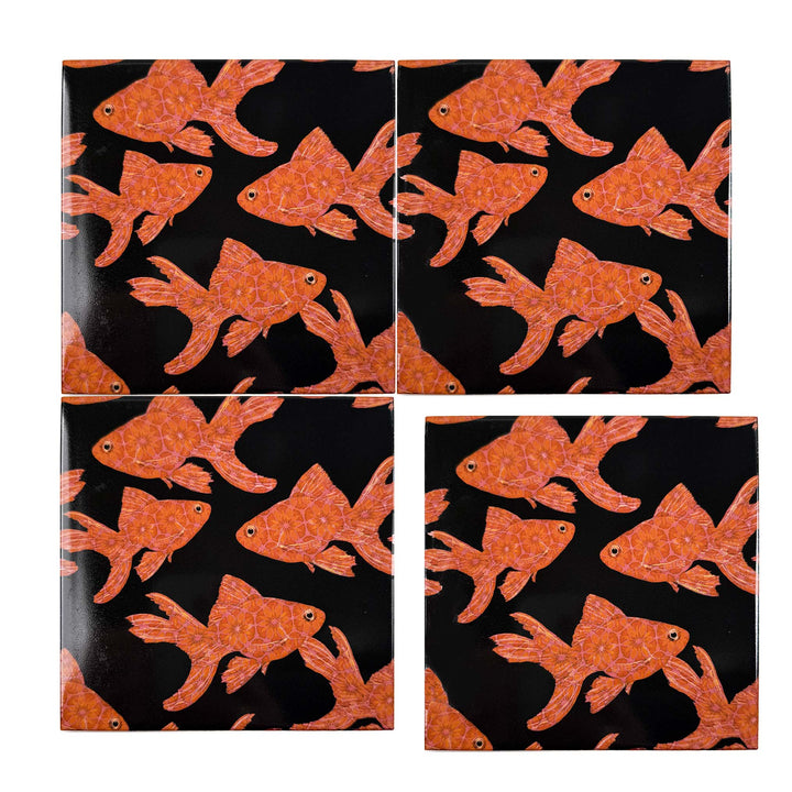 Goldfish on Black tile - Standard Scale - FIRED INK Version