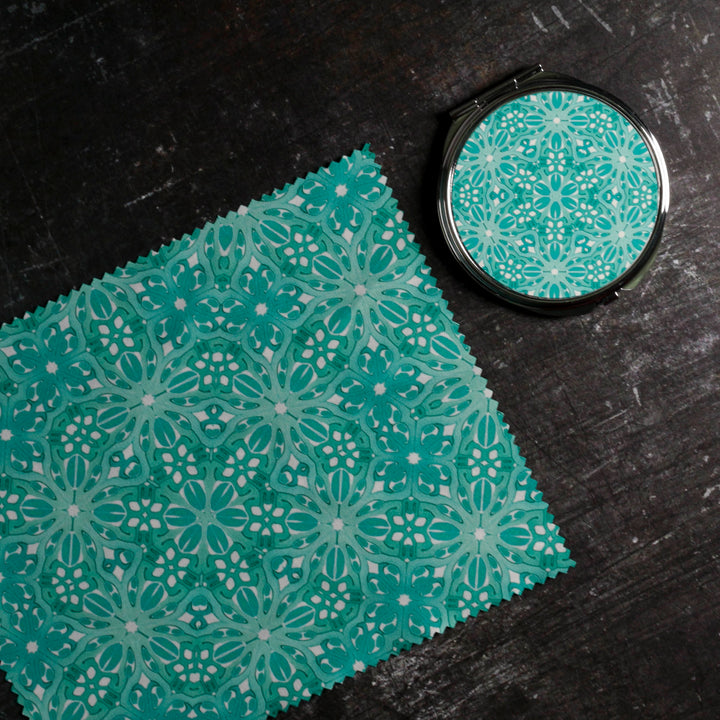 Turquoise Blue Turkish Flower Compact Folding Mirror