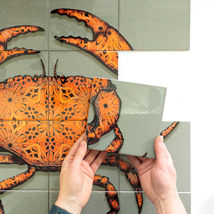Crab Tile Mural - Green-Grey Background
