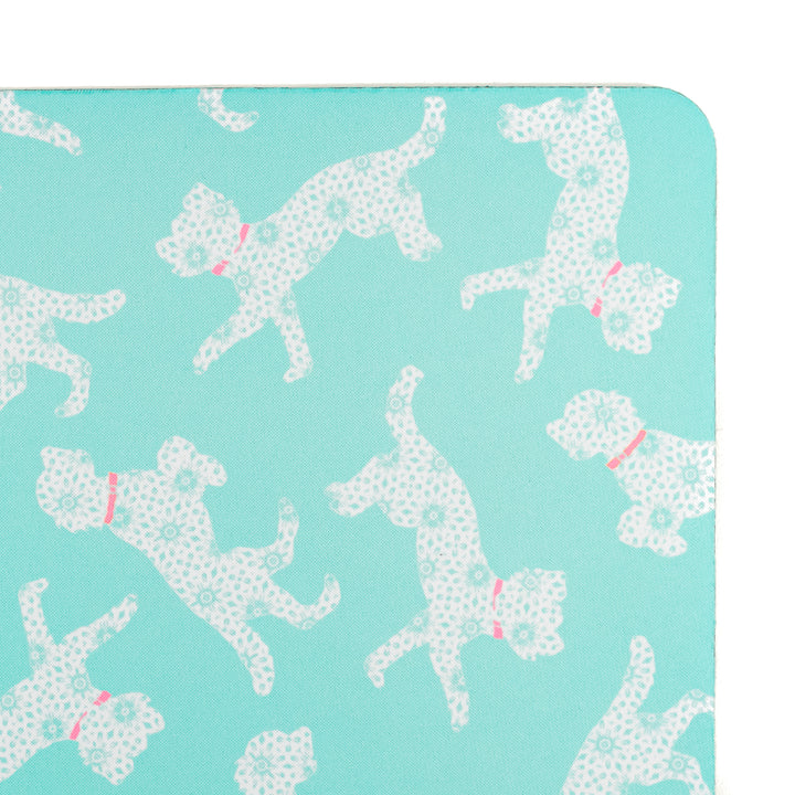 Bounding Cockapoo Large Pet Food Mat -Turquoise Pink
