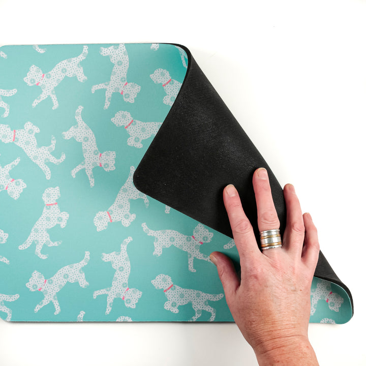 Bounding Cockapoo Large Pet Food Mat -Turquoise Pink