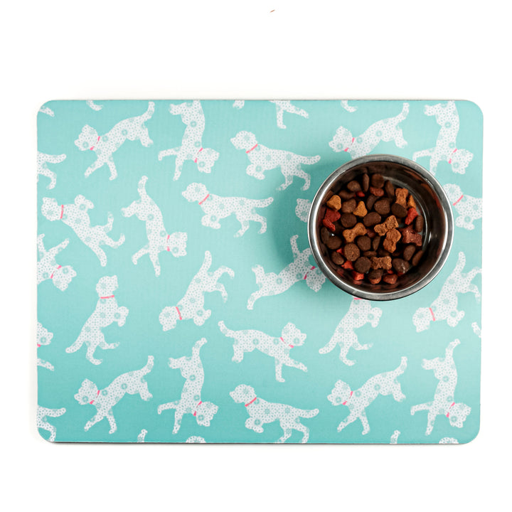 Bounding Cockapoo Large Pet Food Mat -Turquoise Pink