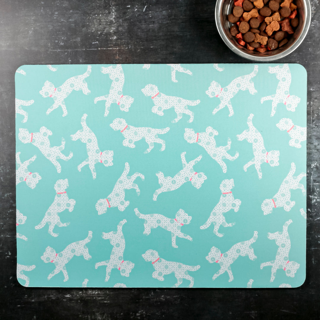 Bounding Cockapoo Large Pet Food Mat -Turquoise Pink