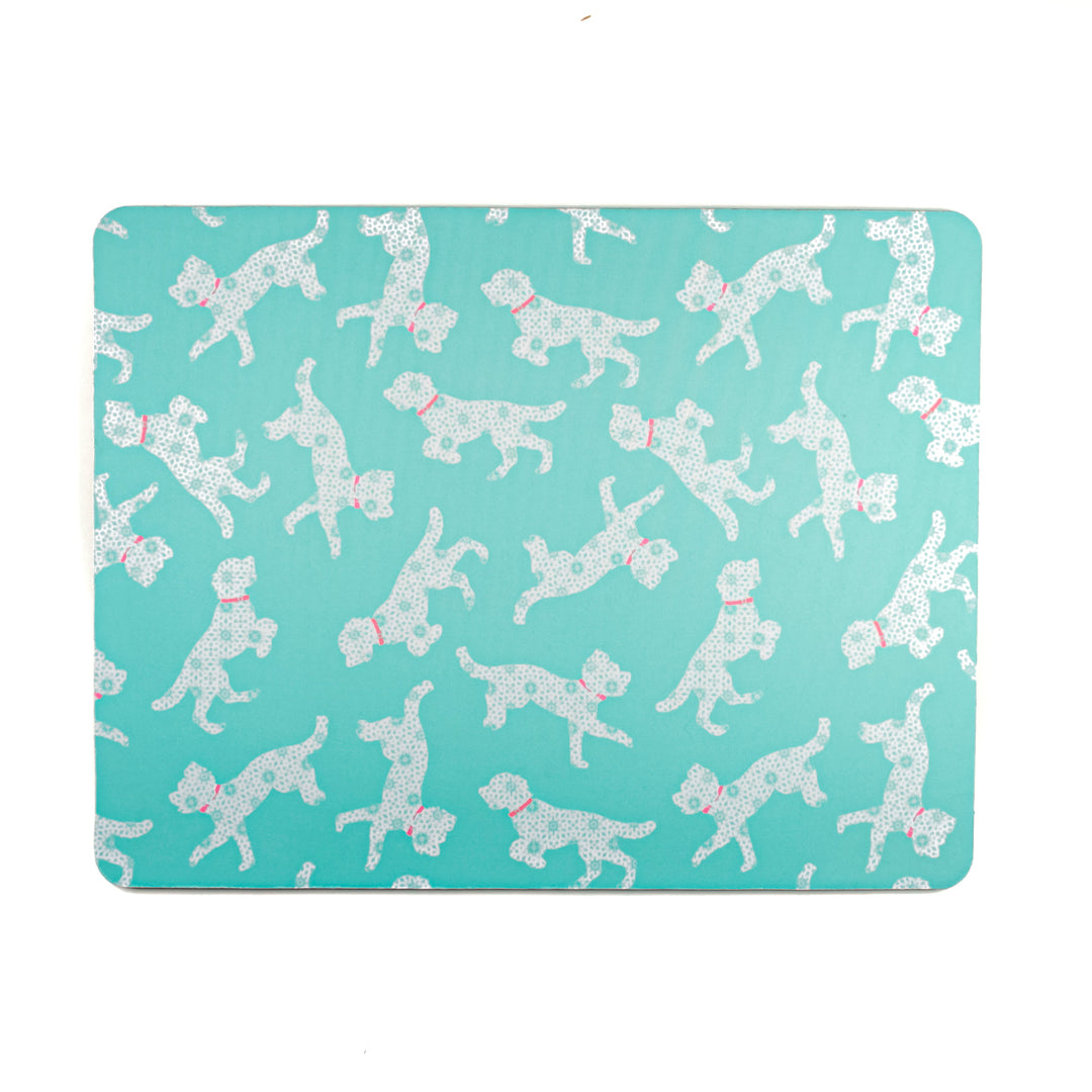 Bounding Cockapoo Large Pet Food Mat -Turquoise Pink