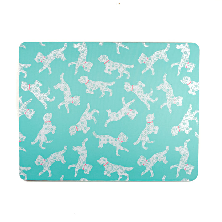 Bounding Cockapoo Large Pet Food Mat -Turquoise Pink
