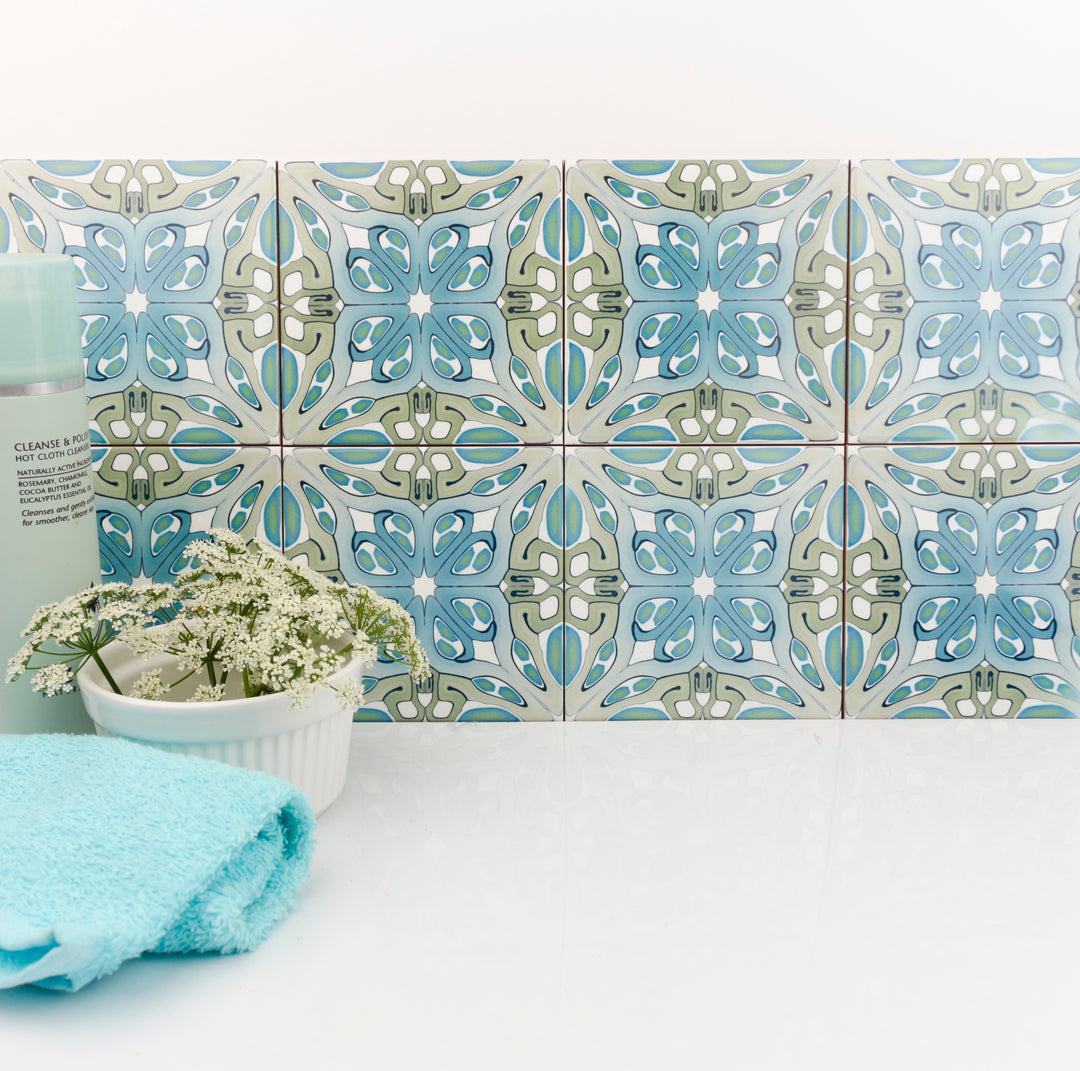 SALE Set -  "Suzanne" muted green blue art deco tile - Set of 17x 20cm tiles