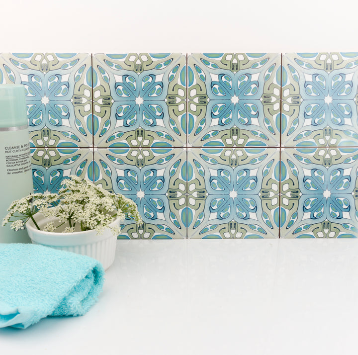 SALE Set -  "Suzanne" muted green blue art deco tile - Set of 17x 20cm tiles