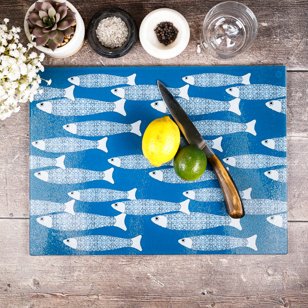 SALE - Large Rectangular Teal Blue Ocean Shoal - Chopping Board (textured)