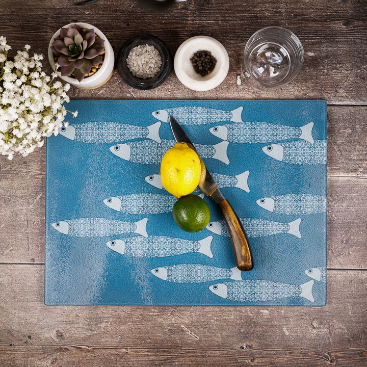 SALE - Large Rectangular Grey Blue Ocean Shoal - Chopping Board (textured)