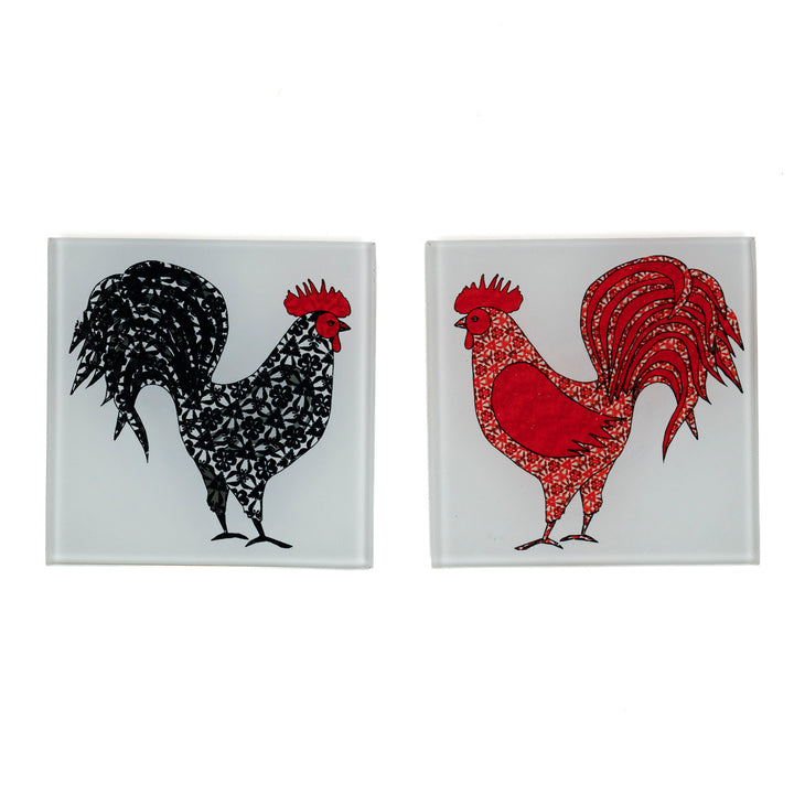 Red Rooster &amp; Black Cockerel Coaster Set