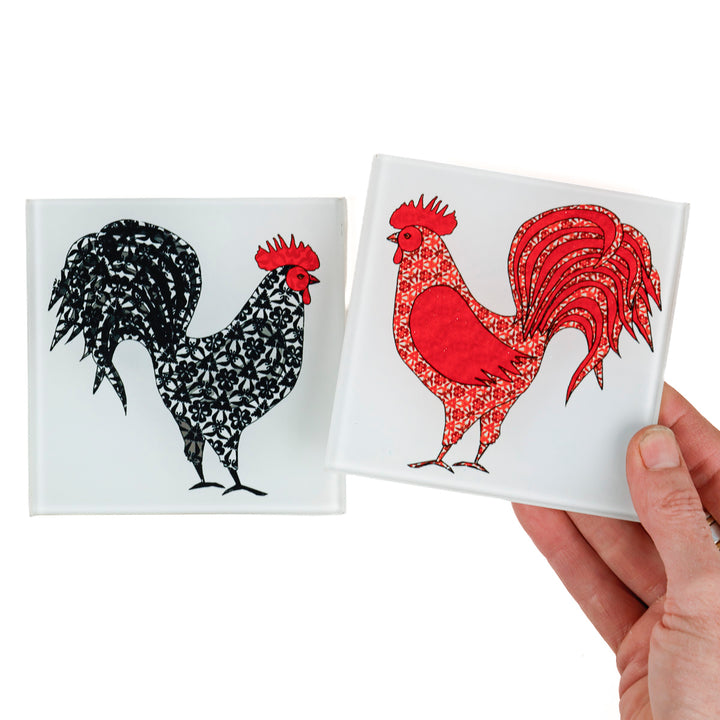Red Rooster &amp; Black Cockerel Coaster Set