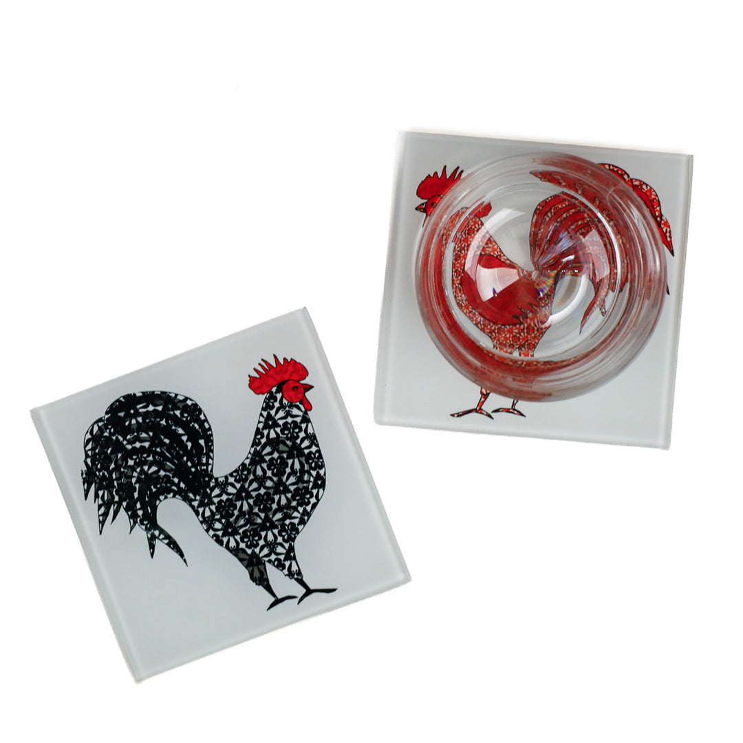 Red Rooster &amp; Black Cockerel Coaster Set