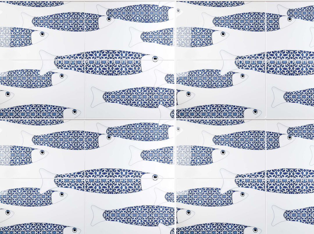 Ocean Shoal - White &amp; Blue Border version - Large SCALE - Rectangular Tile - 30x20cm (12x8 inches)