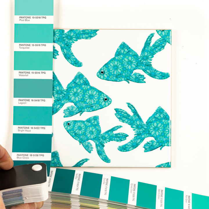 Goldfish Tile - Turquoise on White