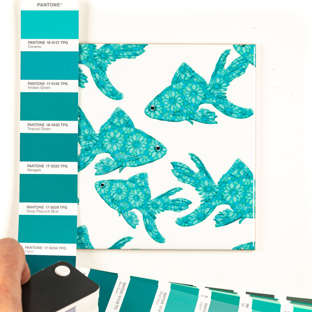Goldfish Tile - Turquoise on White