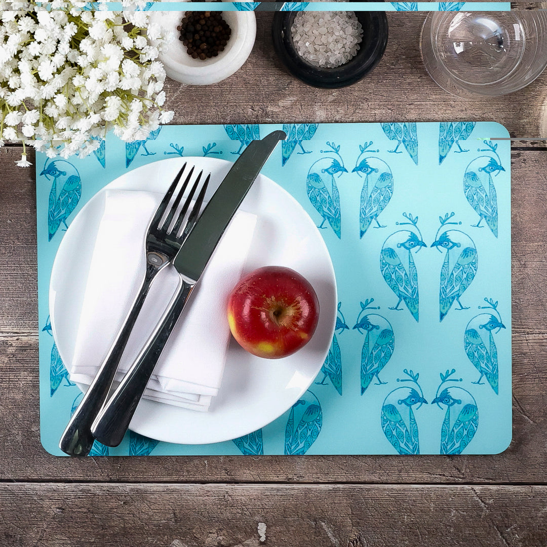 SALE - Lovebirds Placemat and coaster set - Aqua &amp; Turquoise