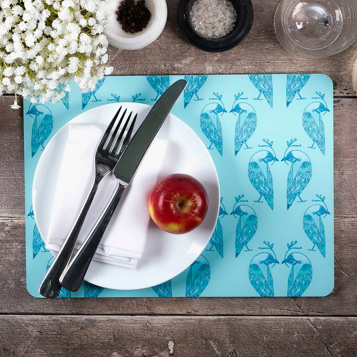 SALE - Lovebirds Placemat and coaster set - Aqua &amp; Turquoise