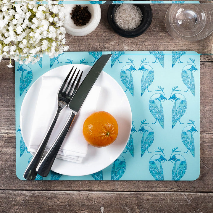 SALE - Lovebirds Placemat and coaster set - Aqua &amp; Turquoise