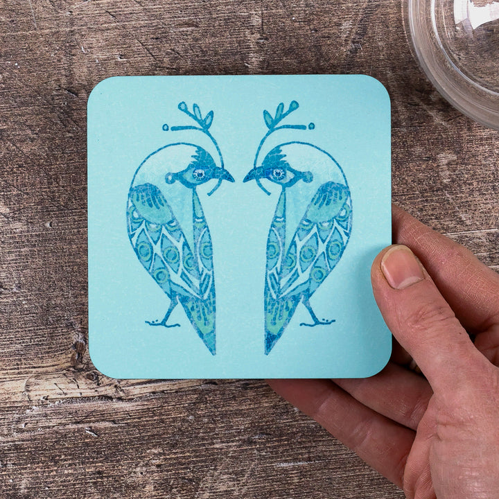 SALE - Lovebirds Placemat and coaster set - Aqua &amp; Turquoise