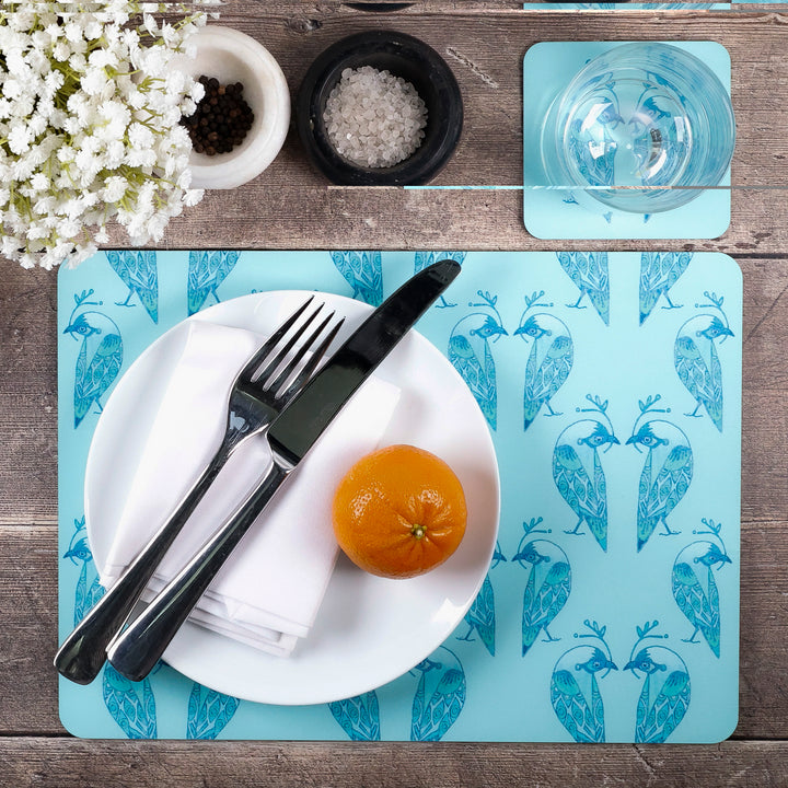 SALE - Lovebirds Placemat and coaster set - Aqua &amp; Turquoise