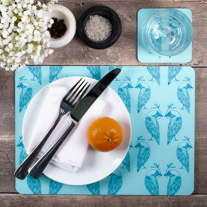 SALE - Lovebirds Placemat and coaster set - Aqua &amp; Turquoise