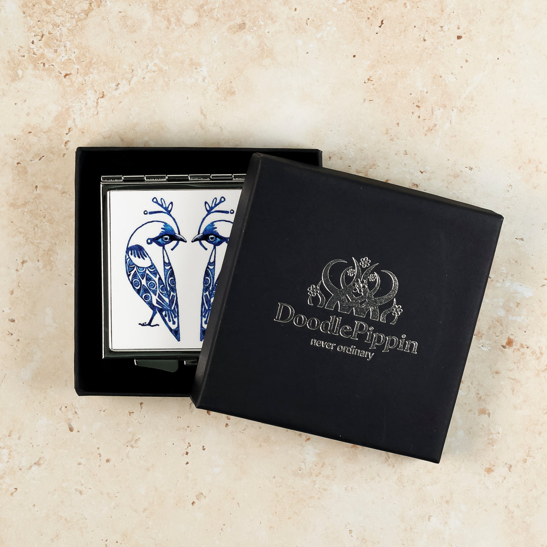 Lovebirds Folding Mirror and Lens Cloth - Blue Lovebirds on White